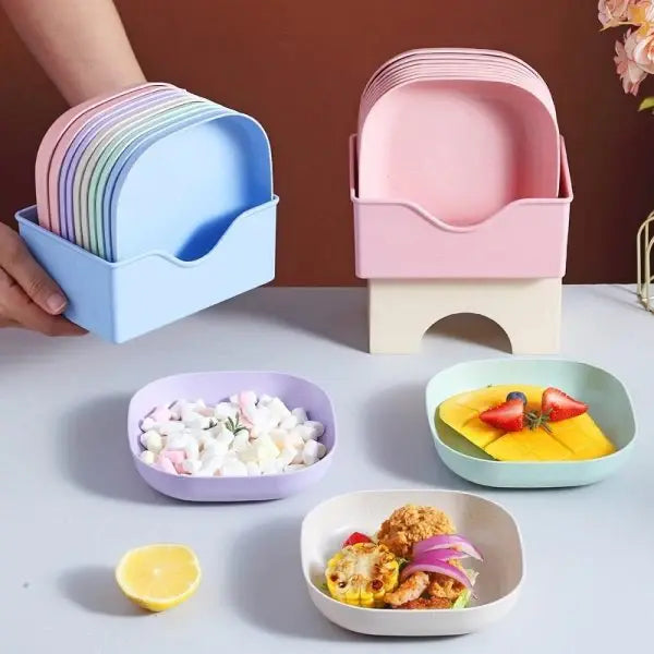 Mini Plastic Square Shape Plates (10 Plates + 1 Holder)