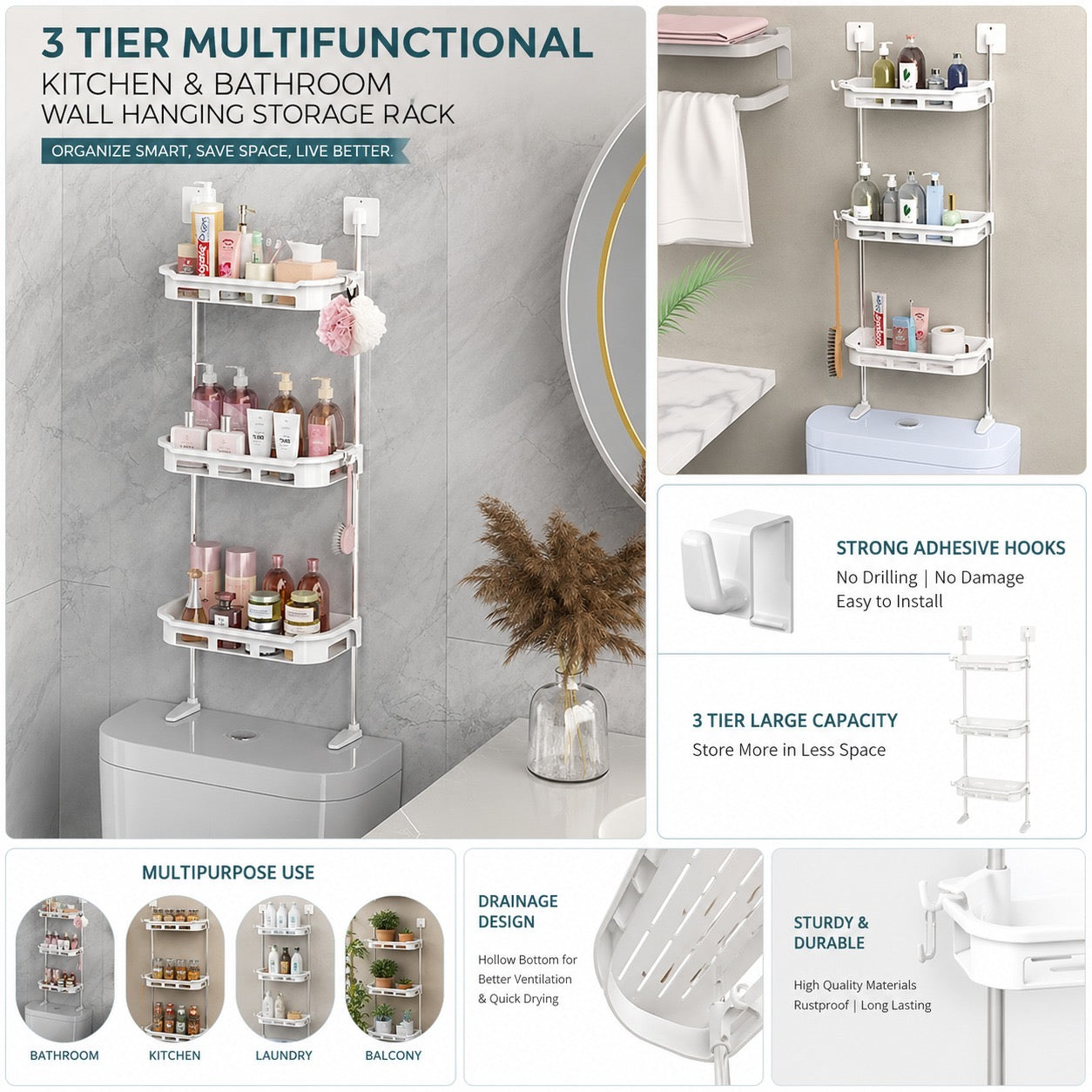 3 Layer Multipurpose Bathroom Rack - No Drilling Adhesive Storage Solution