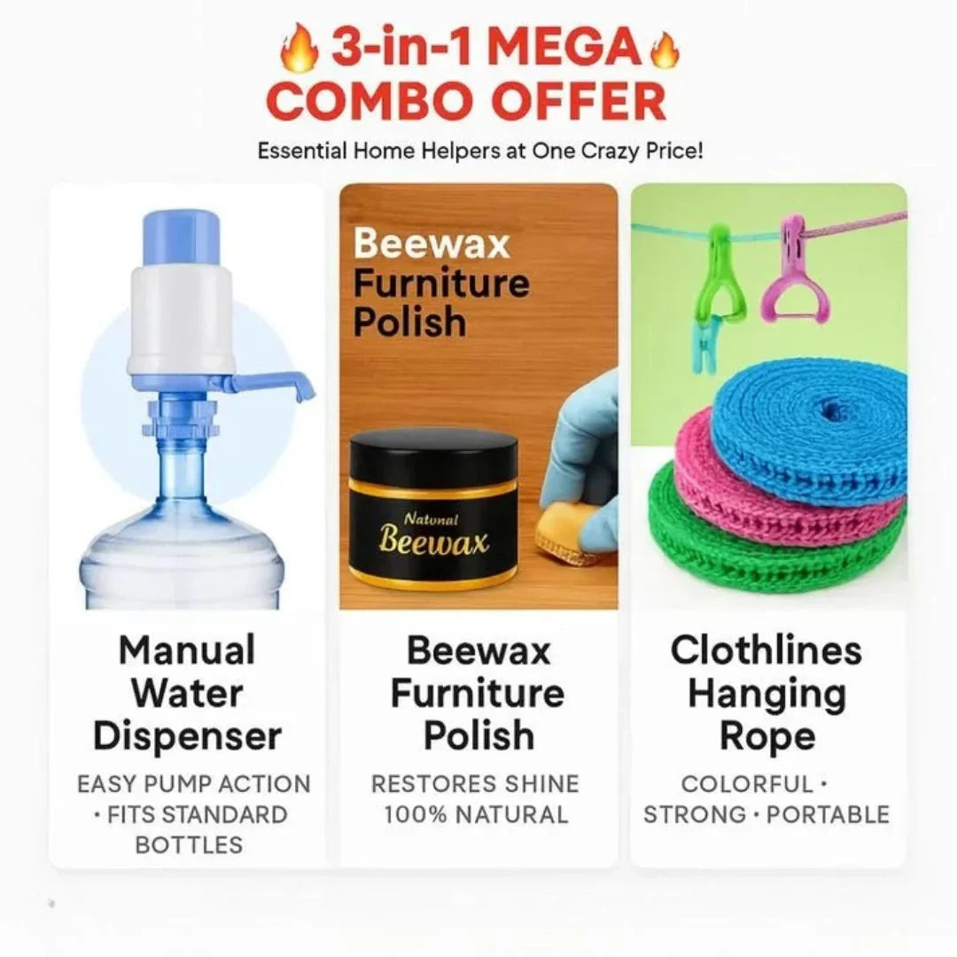 Bachat Deal x 3 (Water Pump Dispenser, Furniture Polish, Clothes Hanging Rope)