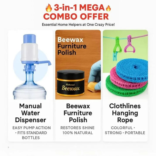 Bachat Deal x 3 (Water Pump Dispenser, Furniture Polish, Clothes Hanging Rope)